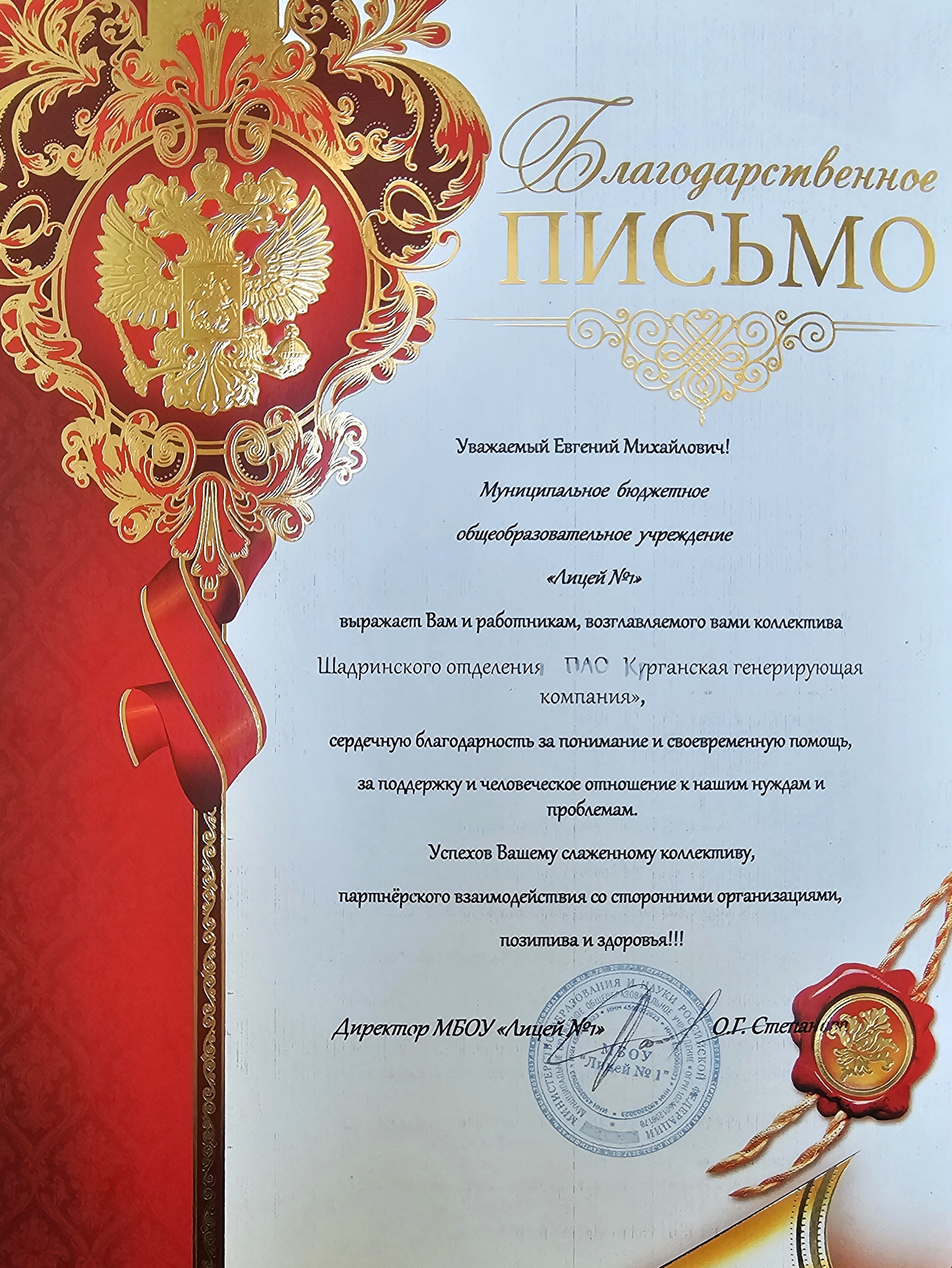 Благодарность от директора Лицея №1 в городе Шадринске